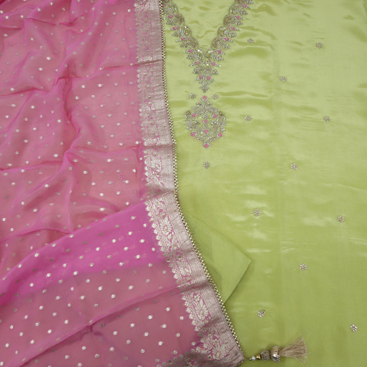 Gehrai Green Yellow Tissue Chanderi Silk Top With Organza Dupatta