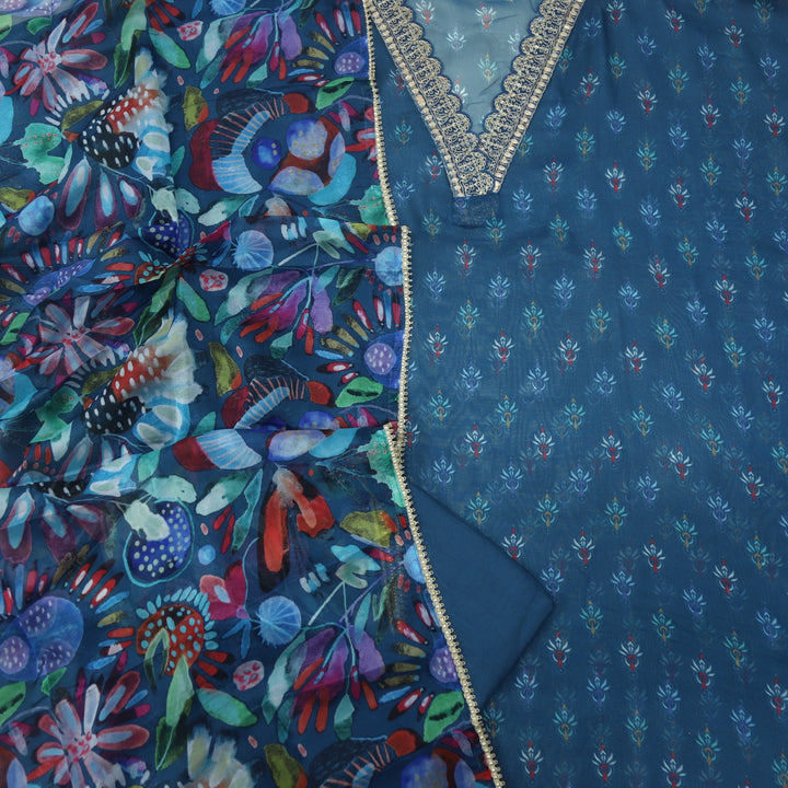 Aashna Yale Blue V Neck Organza Top with Printed Organza Dupatta