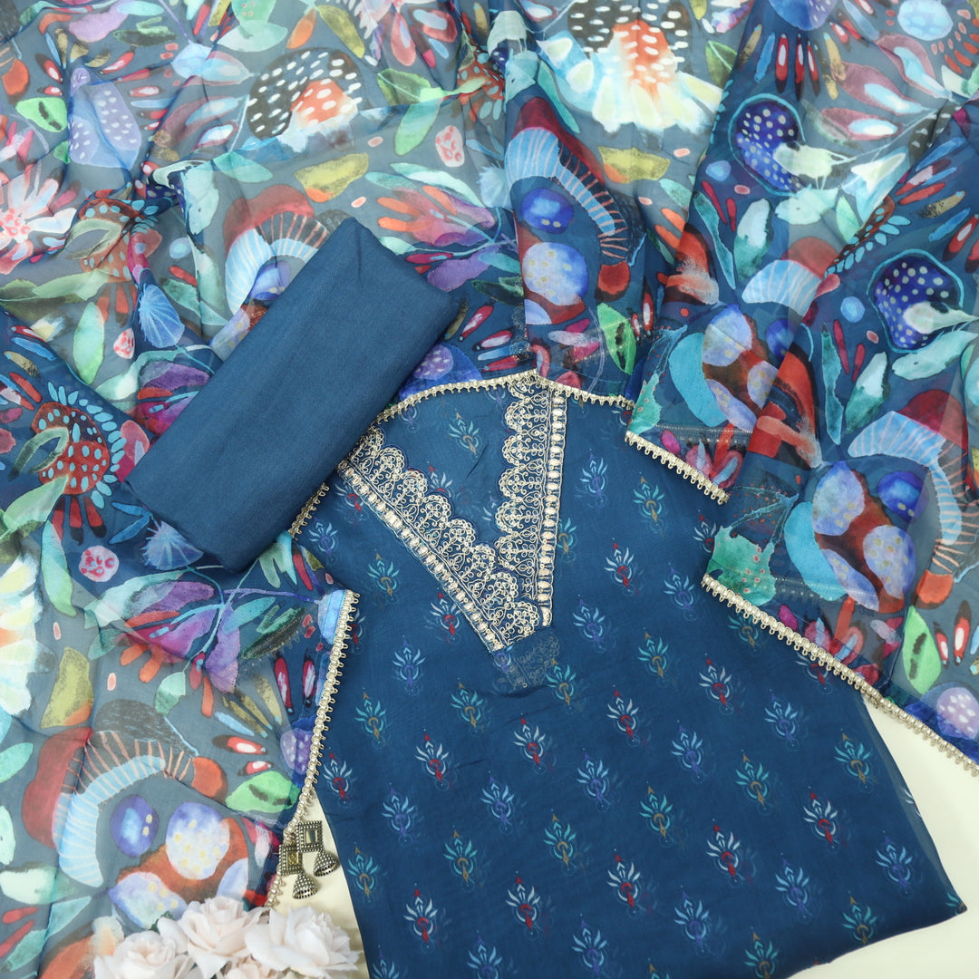 Aashna Yale Blue V Neck Organza Top with Printed Organza Dupatta