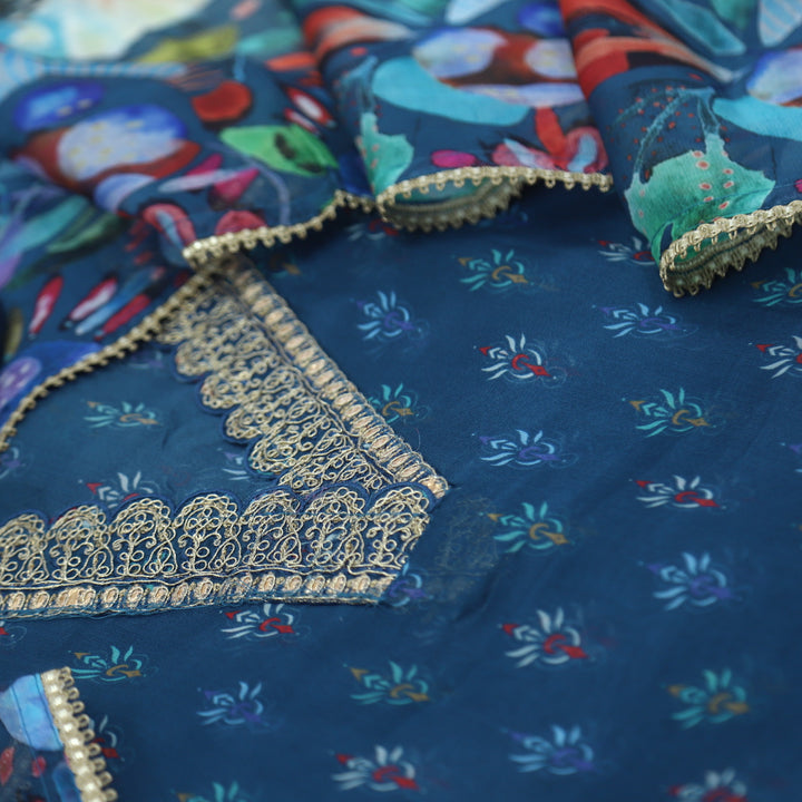 Aashna Yale Blue V Neck Organza Top with Printed Organza Dupatta