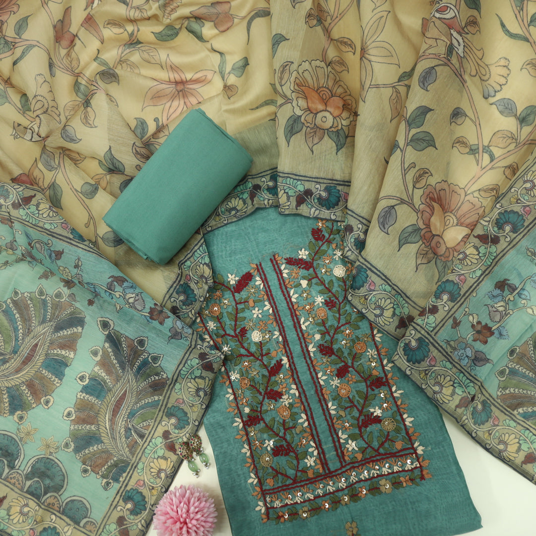 Bayaabaan Forest Green Embroidered Chanderi Top with Chanderi Dupatta