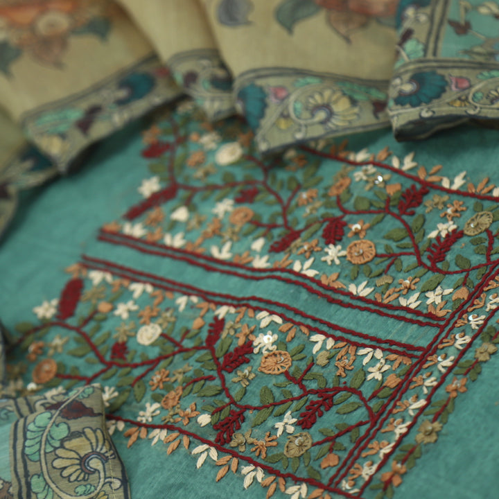 Bayaabaan Forest Green Embroidered Chanderi Top with Chanderi Dupatta