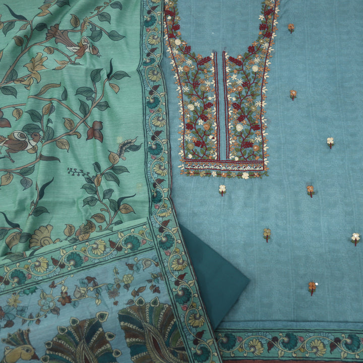 Bayaabaan Sapphire Blue Embroidered Chanderi Top with Chanderi Dupatta