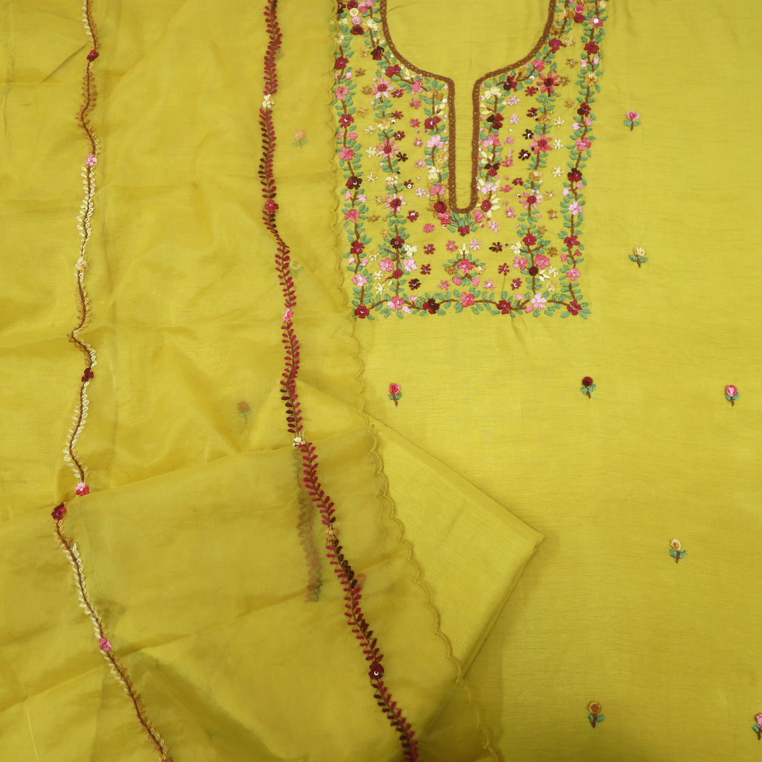 Bayaabaan Corn Yellow Thread Neck Work Tussar Silk Top with Organza Dupatta