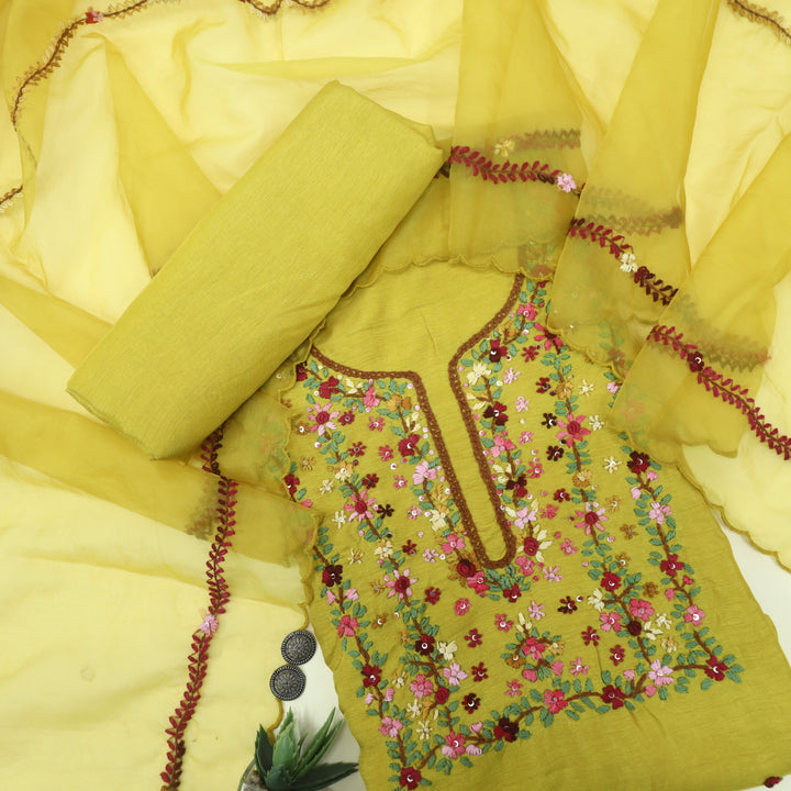 Bayaabaan Corn Yellow Thread Neck Work Tussar Silk Top with Organza Dupatta