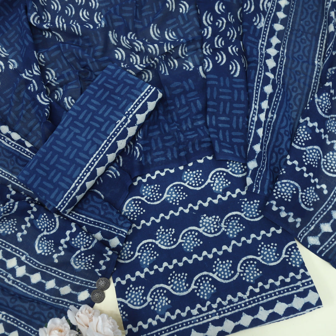 Aatish Indigo Authentic Dabu Printed Cotton Top and Cotton Dupatta Set-D4