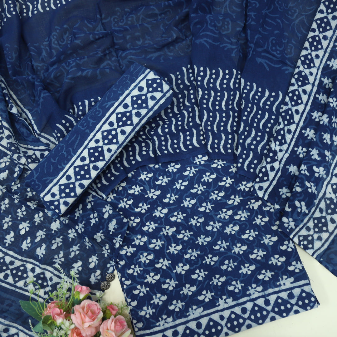 Aatish Indigo Authentic Dabu Printed Cotton Top and Cotton Dupatta Set-D1