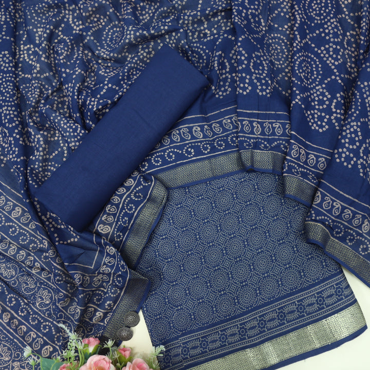 Ruhani Denim Blue Printed with Mangalgiri Hem Jam Cotton Top Suit Set