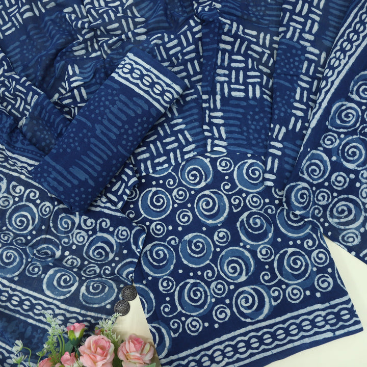 Aatish Indigo Authentic Dabu Printed Cotton Top and Cotton Dupatta Set-D5