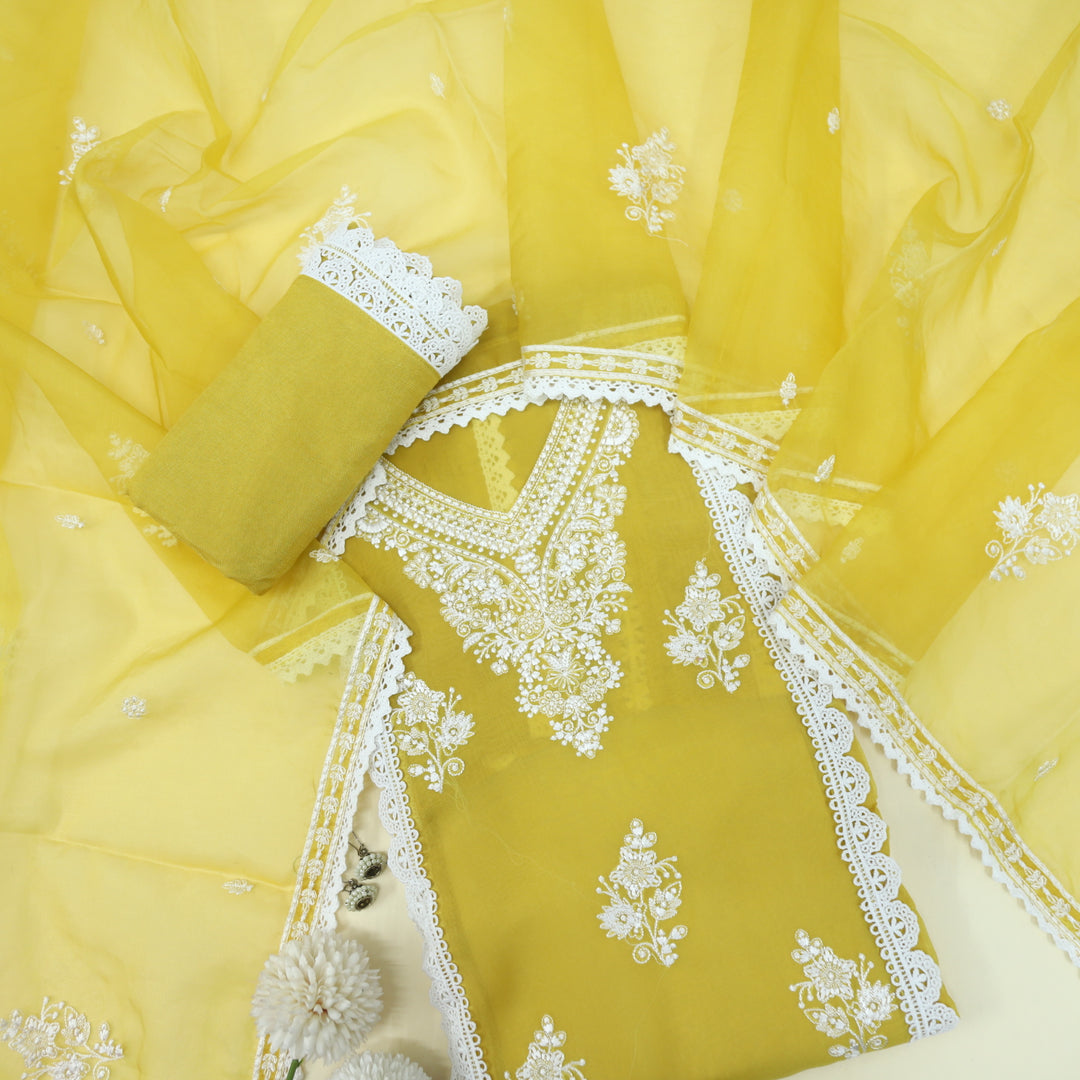 Fanaa Lemon Yellow Thread Work Organza Top with Organza Dupatta