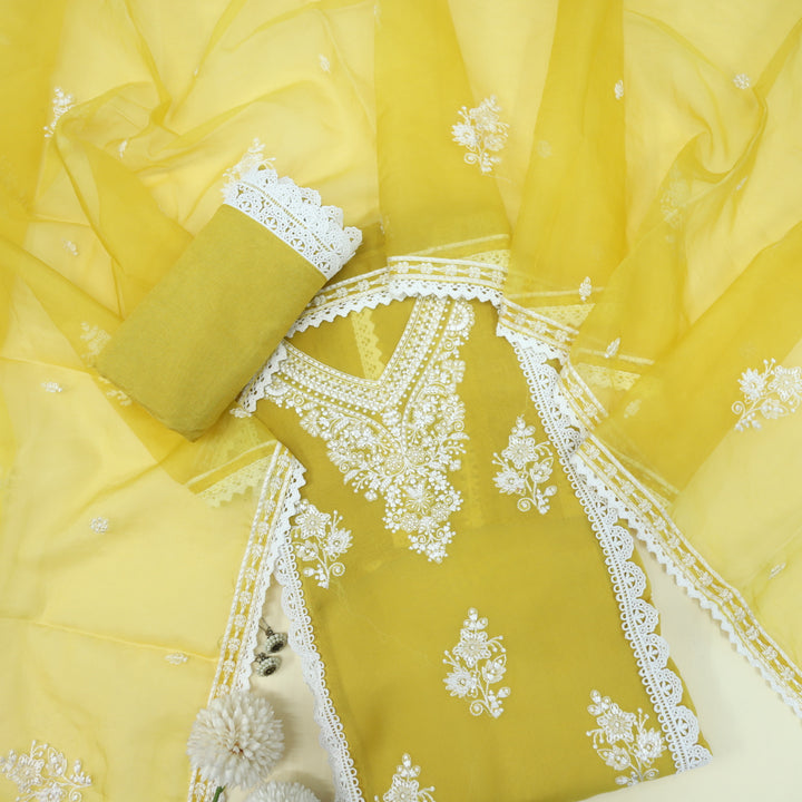 Fanaa Lemon Yellow Thread Work Organza Top with Organza Dupatta