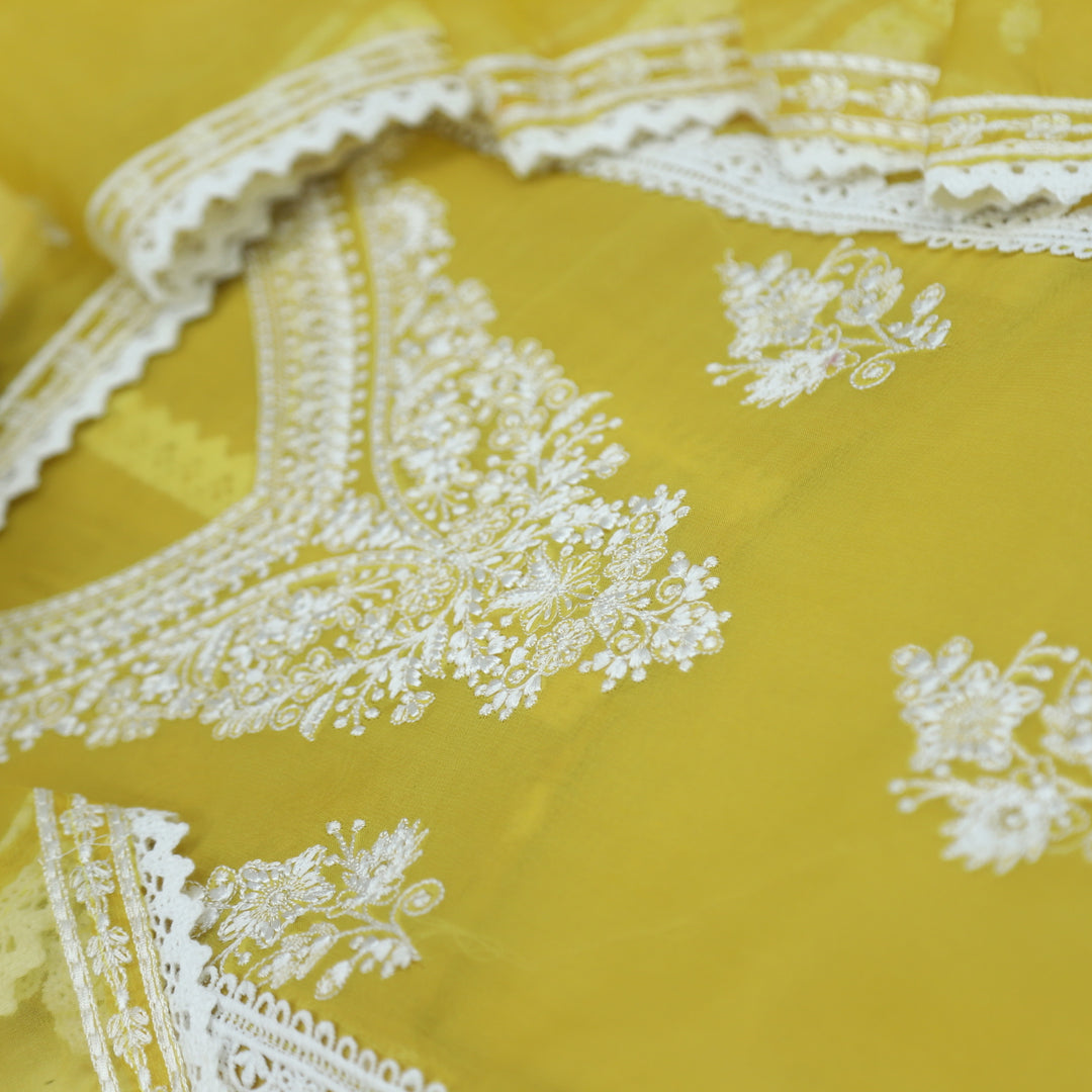 Fanaa Lemon Yellow Thread Work Organza Top with Organza Dupatta