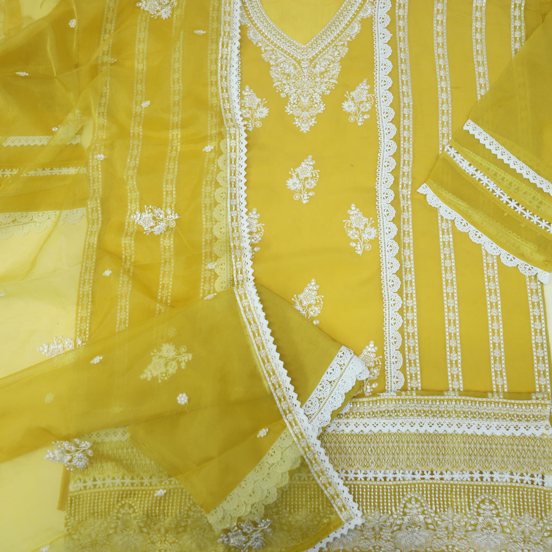 Fanaa Lemon Yellow Thread Work Organza Top with Organza Dupatta