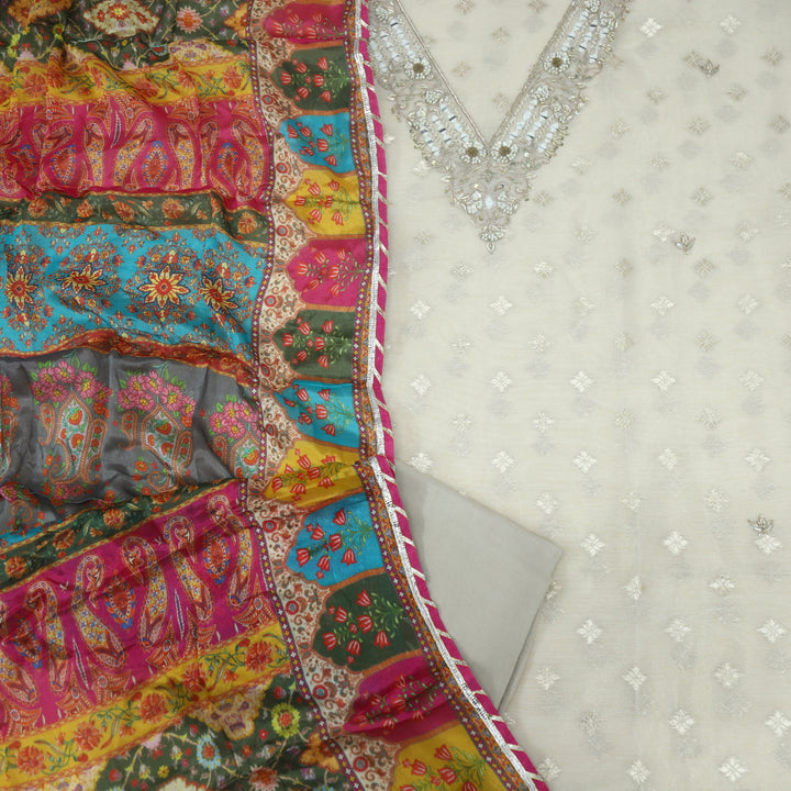 Darmiyan Sugar Cream Tissue Chanderi Silk Top With Chiffon Crispy Dupatta