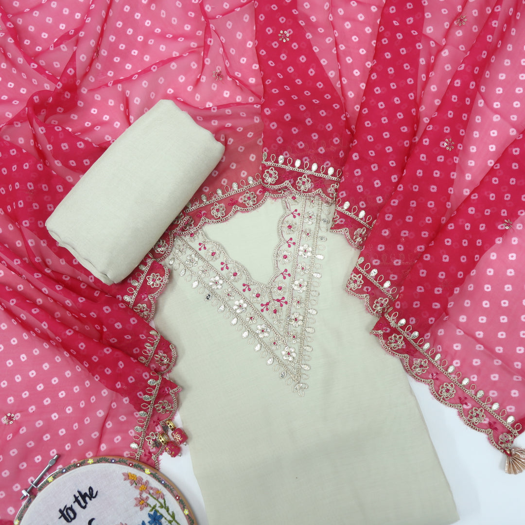 Hasrat Light Cream Embellished V Neck Muslin Top and Organza Dupatta