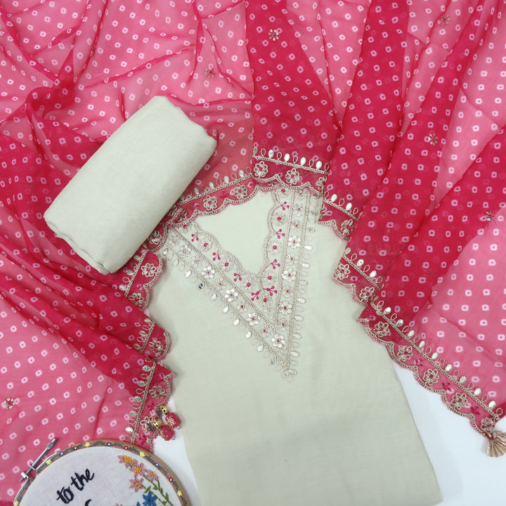 Hasrat Light Cream Embellished V Neck Muslin Top and Organza Dupatta