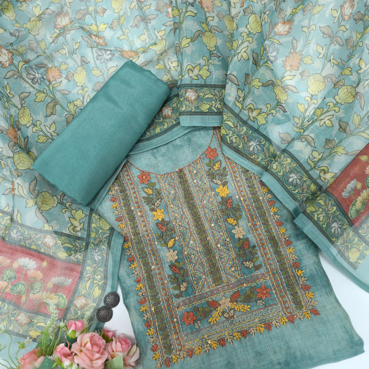 Fanaa Jade Green Linen Tissue top with Floral printed dupatta set