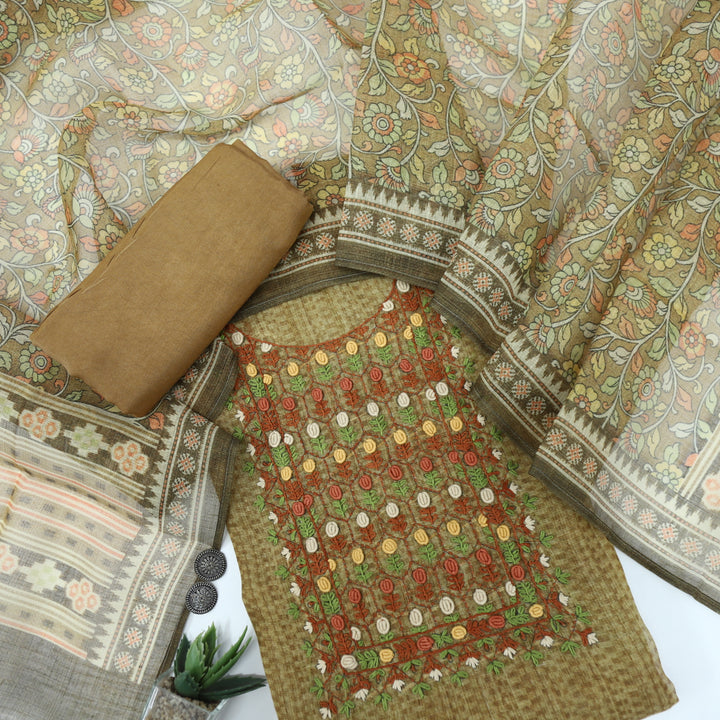 Fanaa Clay Yellow Linen Tissue top with Floral printed dupatta