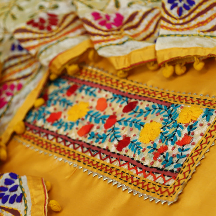 Farishta Dandelion Yellow Glazed Cotton Top With Art Silk Dupatta
