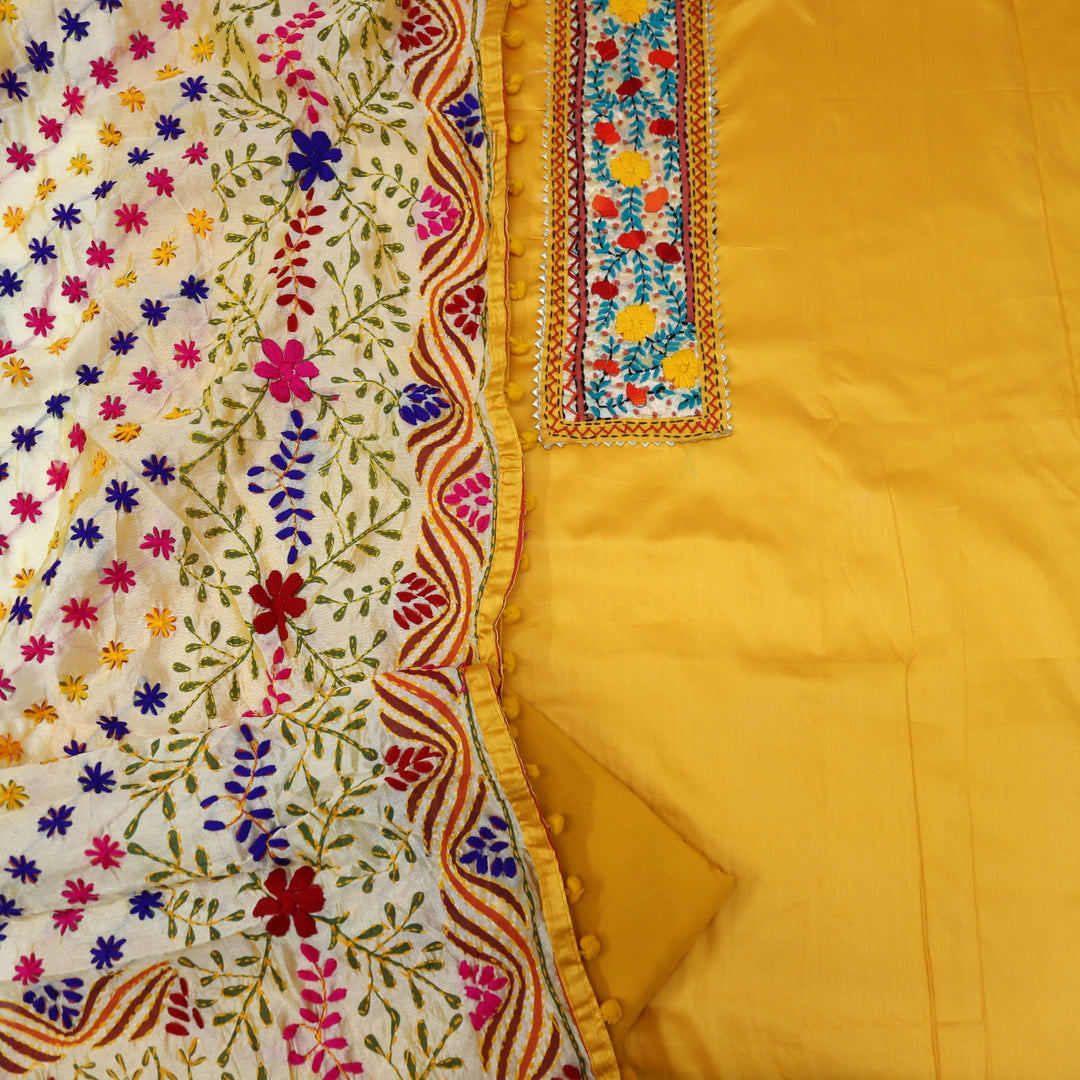 Farishta Dandelion Yellow Glazed Cotton Top With Art Silk Dupatta