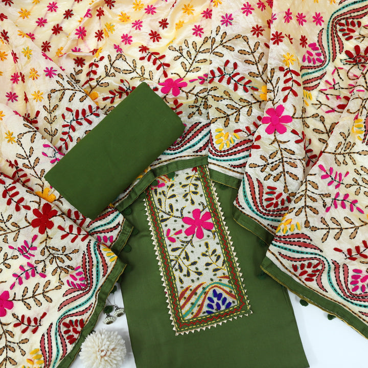 Farishta Grass Green Glazed Cotton Top With Art Silk Dupatta