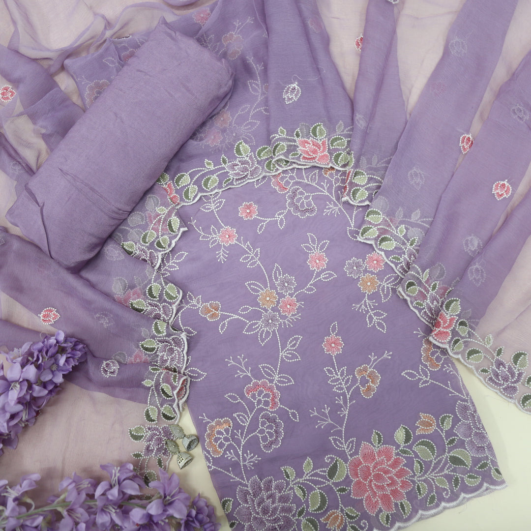 Purnima Lavender Purple Thread Work Organza Top With Chiffon Dupatta