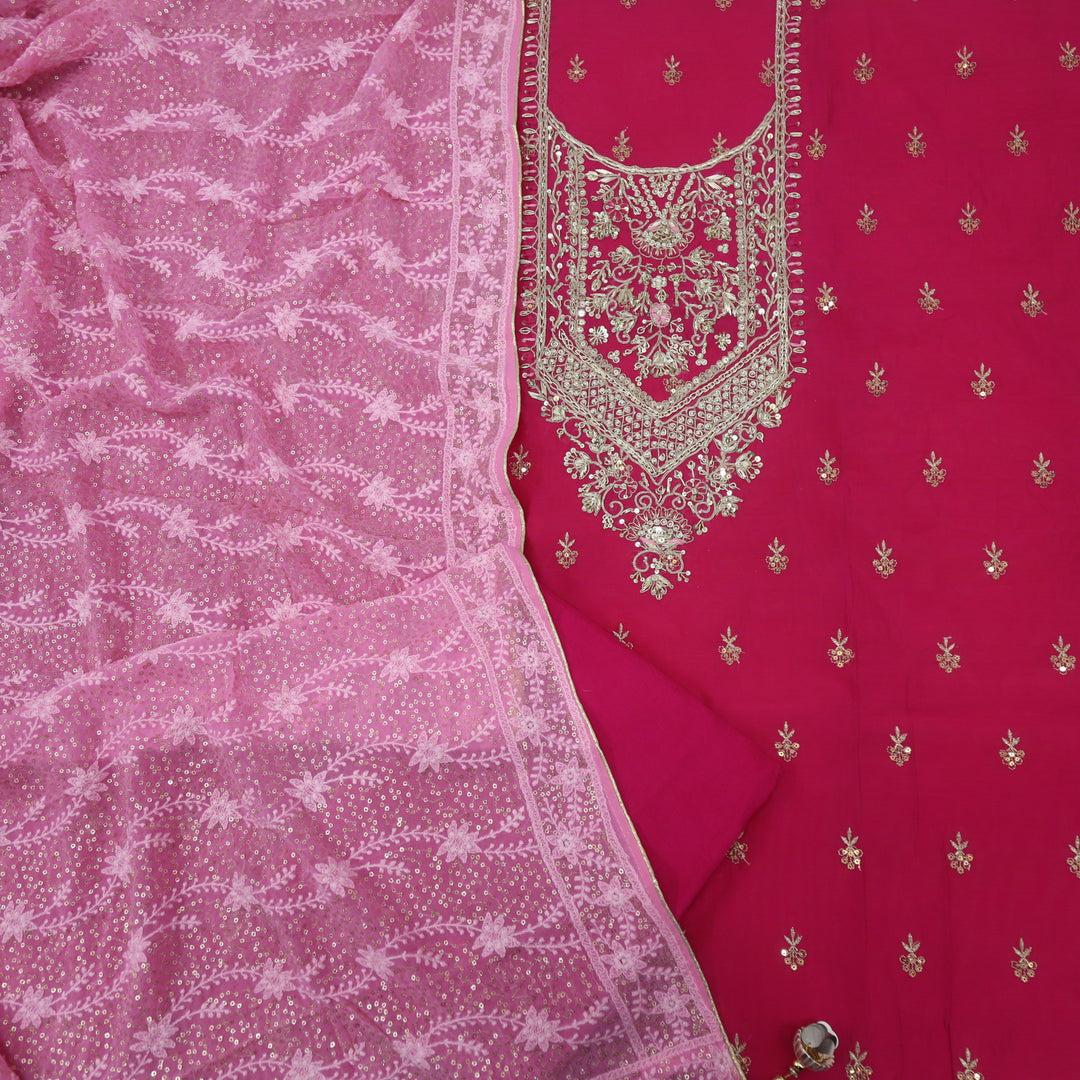 Mohataaz Hot Pink Embellished Neck Chanderi with Chiffon Dupatta