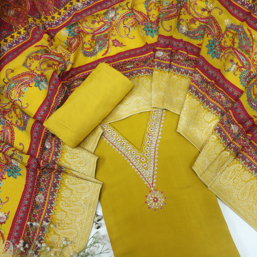 Aashna Dandelion Yellow V Neck  Dola Silk Top with Dola Silk Dupatta