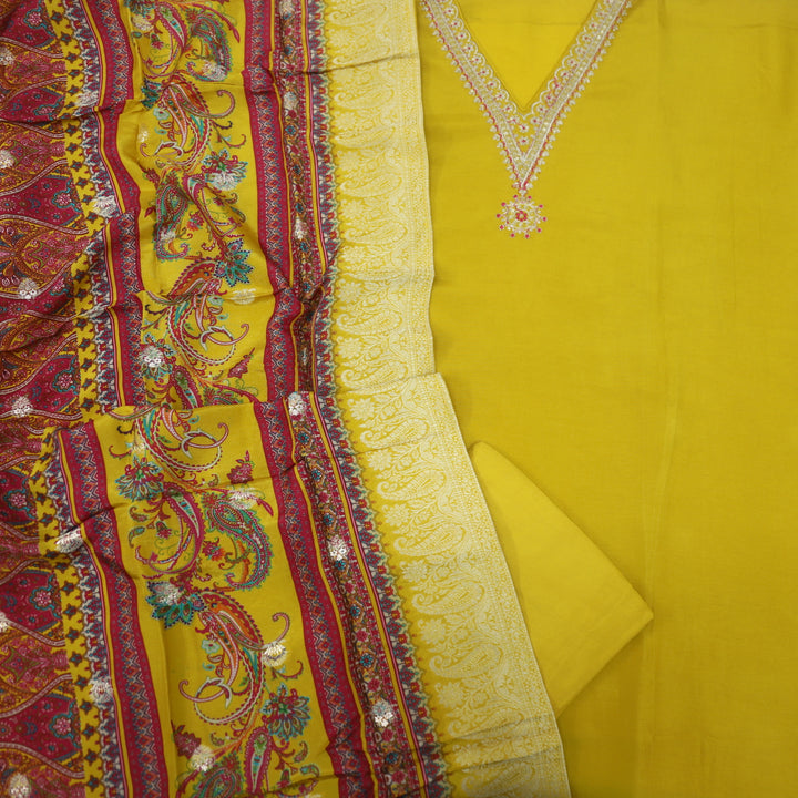 Aashna Dandelion Yellow V Neck  Dola Silk Top with Dola Silk Dupatta