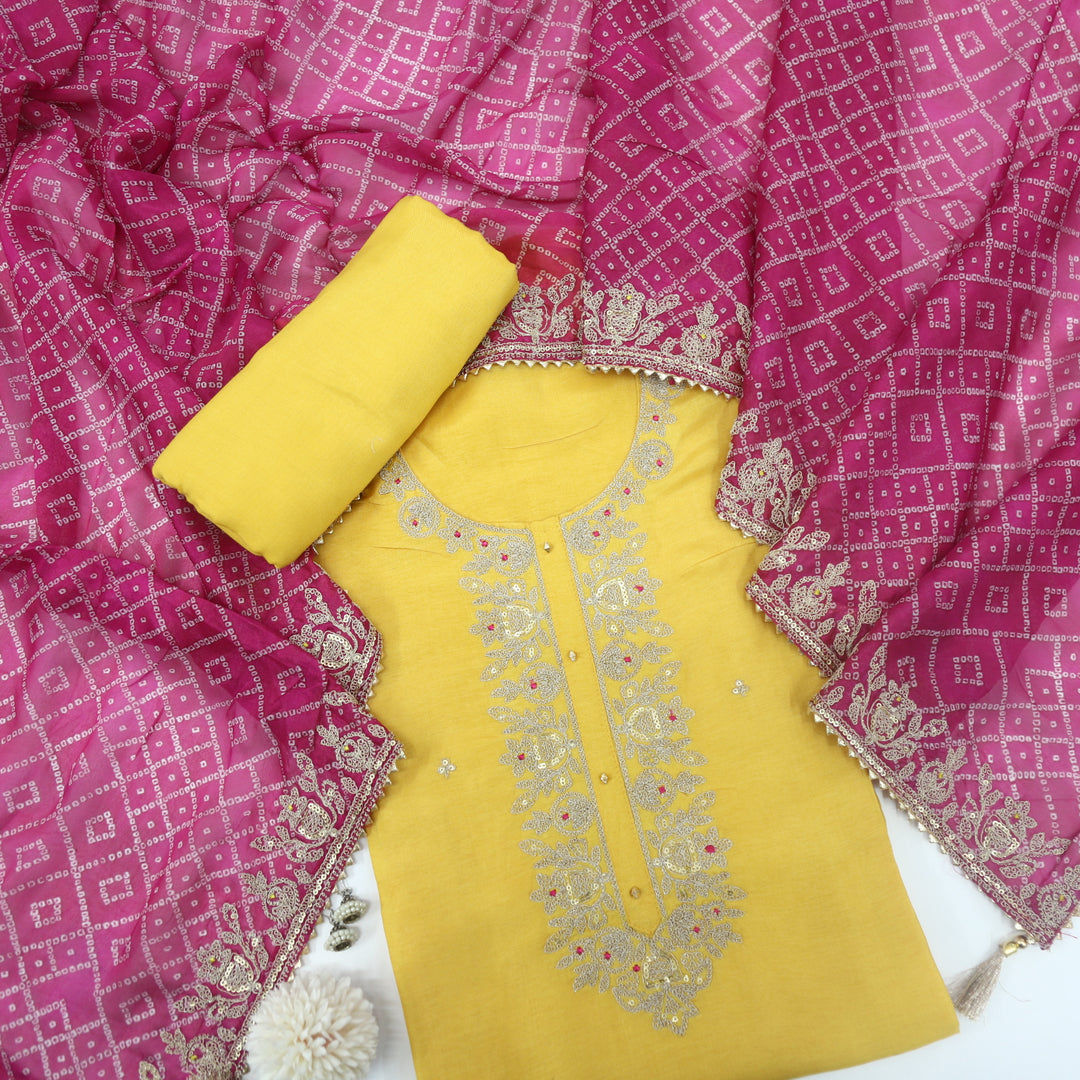 Gehrai Honey Yellow Embroidered Neckline Dola Silk Top with Bandhani Printed Semi Georgette Dupatta