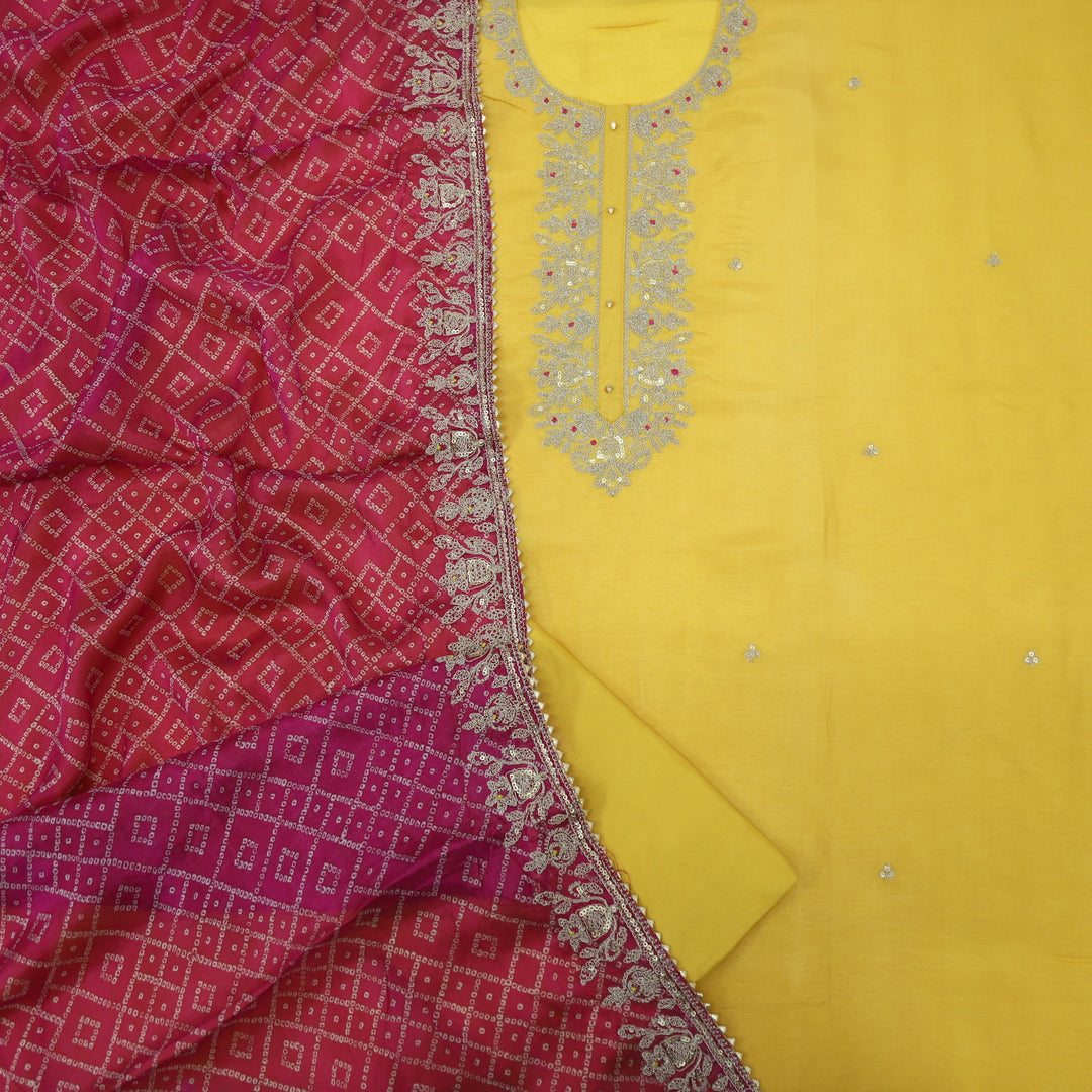 Gehrai Honey Yellow Embroidered Neckline Dola Silk Top with Bandhani Printed Semi Georgette Dupatta