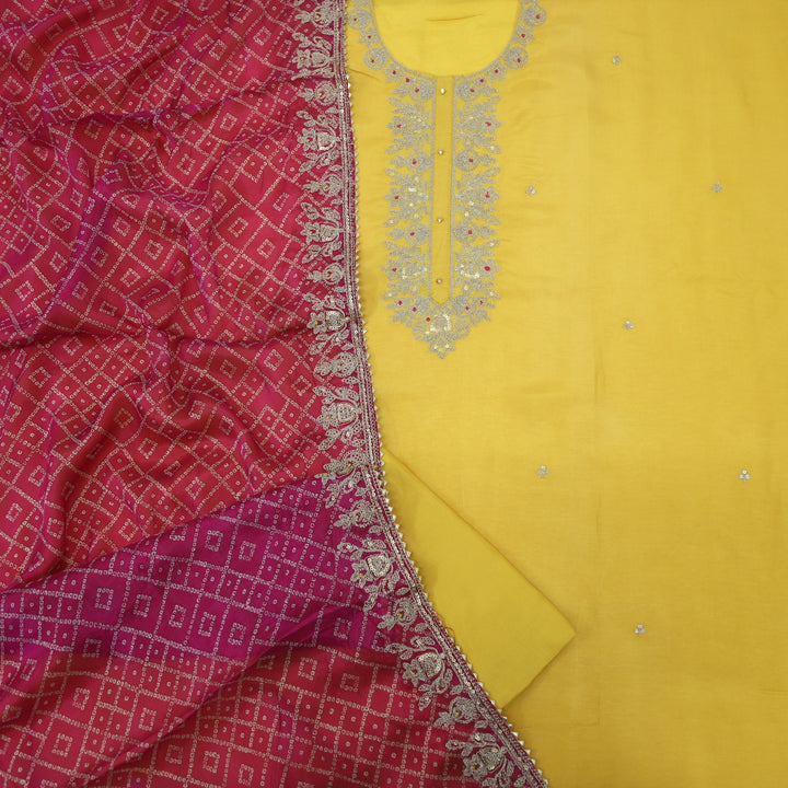 Gehrai Honey Yellow Embroidered Neckline Dola Silk Top with Bandhani Printed Semi Georgette Dupatta