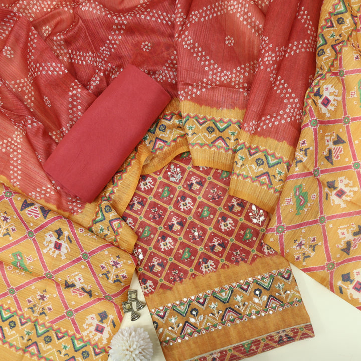 Takalluf Persian Red Patola Printed Chanderi Top With Chanderi Dupatta