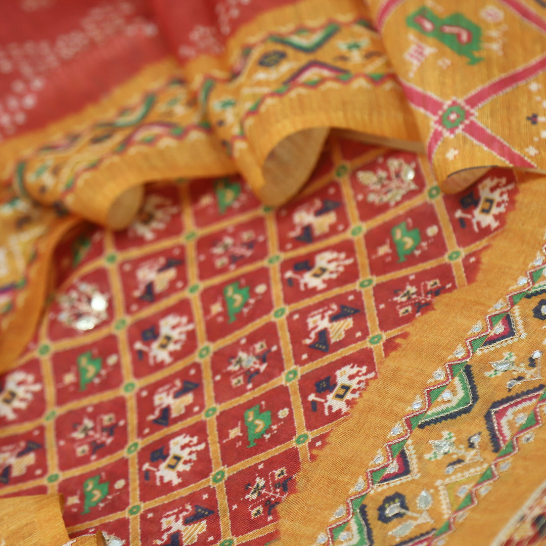 Takalluf Persian Red Patola Printed Chanderi Top With Chanderi Dupatta
