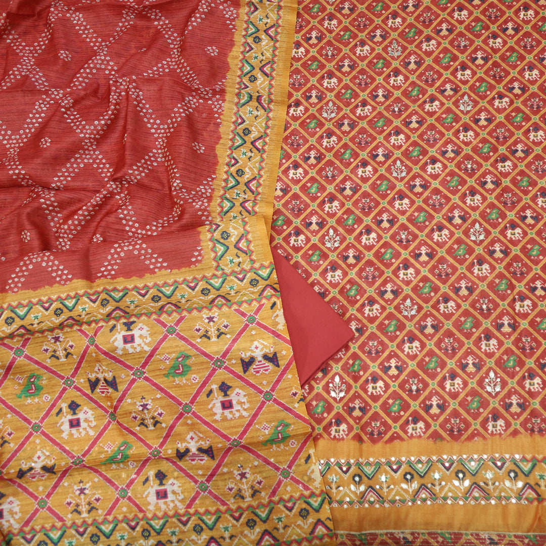 Takalluf Persian Red Patola Printed Chanderi Top With Chanderi Dupatta