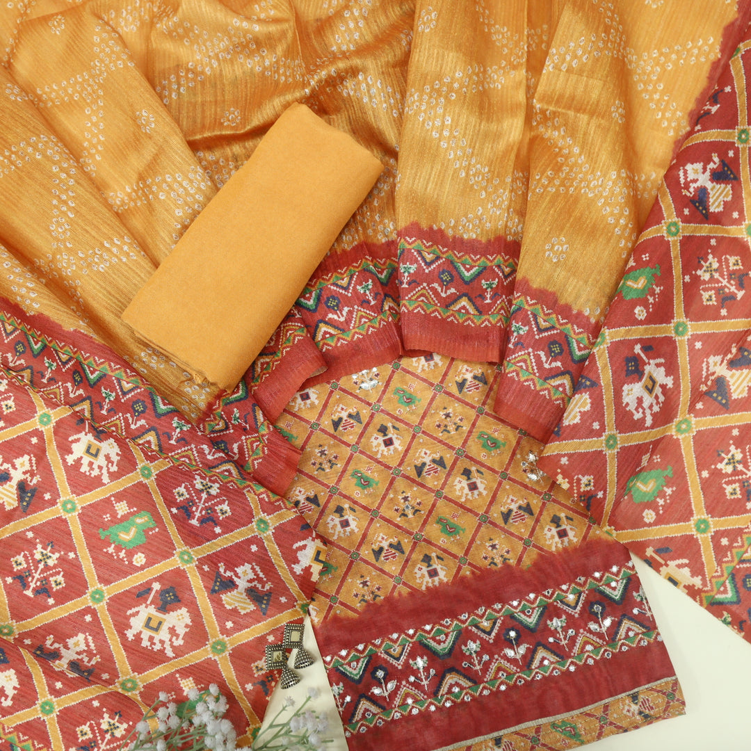 Takalluf Fire Yellow Patola Printed Chanderi Top With Chanderi Dupatta