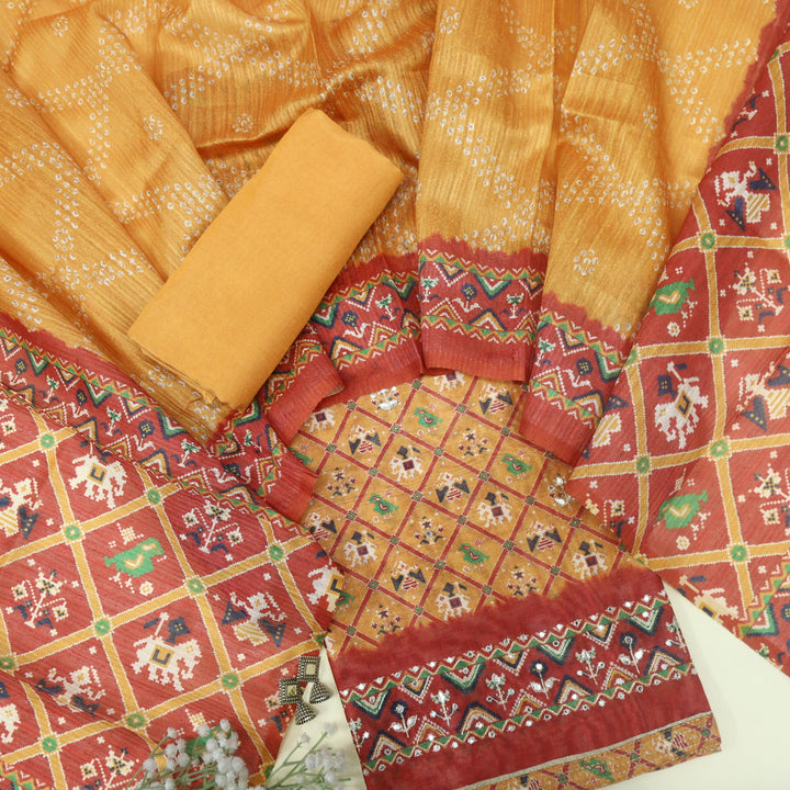 Takalluf Fire Yellow Patola Printed Chanderi Top With Chanderi Dupatta
