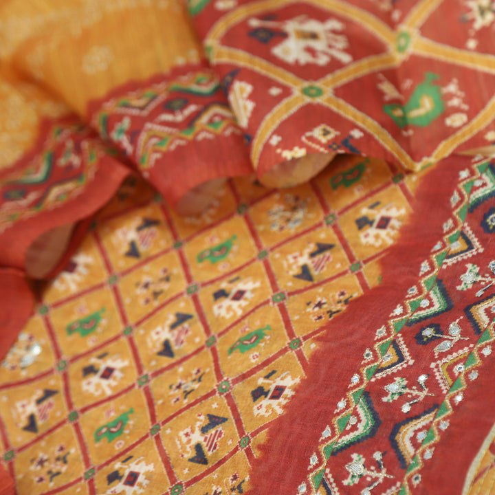 Takalluf Fire Yellow Patola Printed Chanderi Top With Chanderi Dupatta
