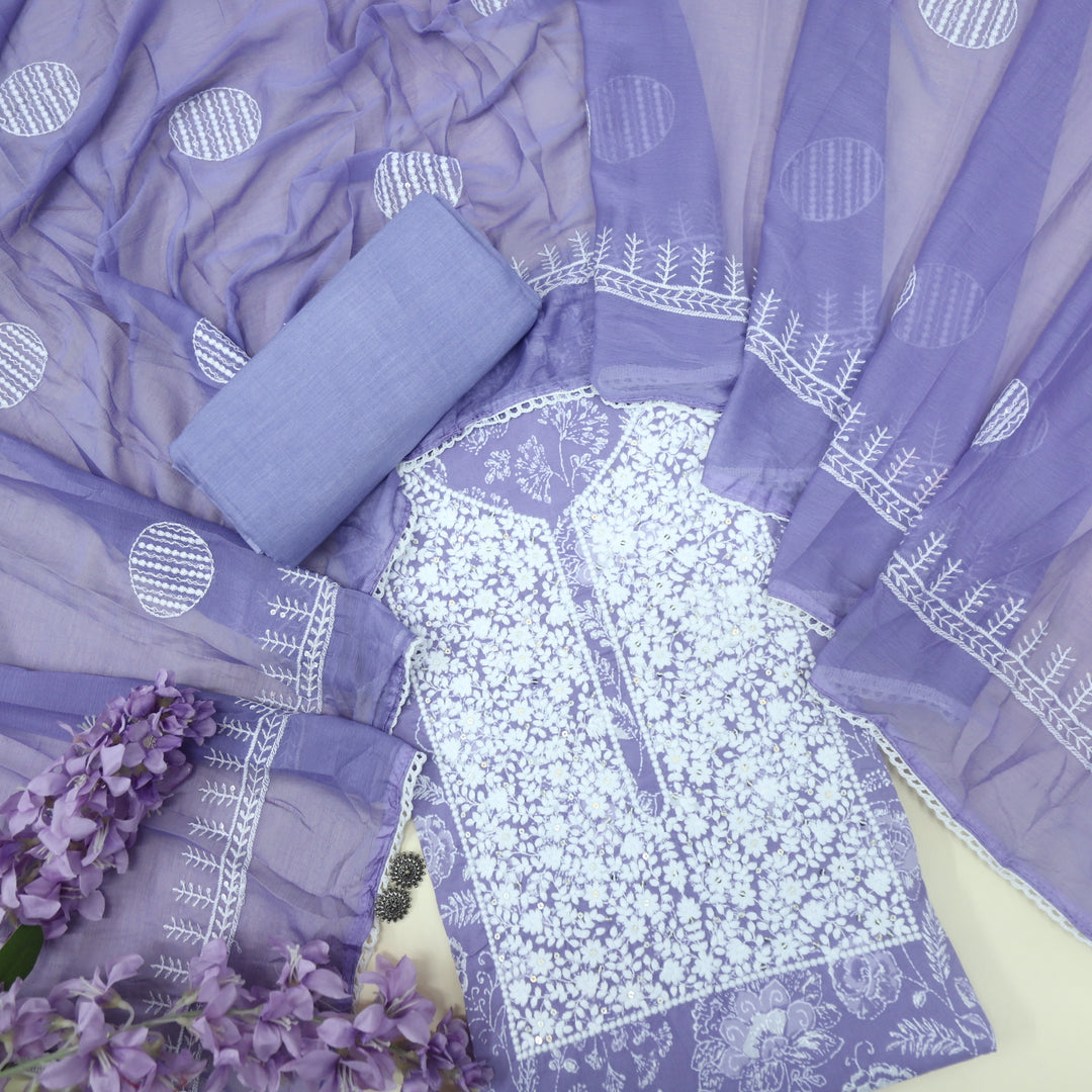 Baseerat Lilac Purple Thread Work Cotton Top with Chiffon Dupatta