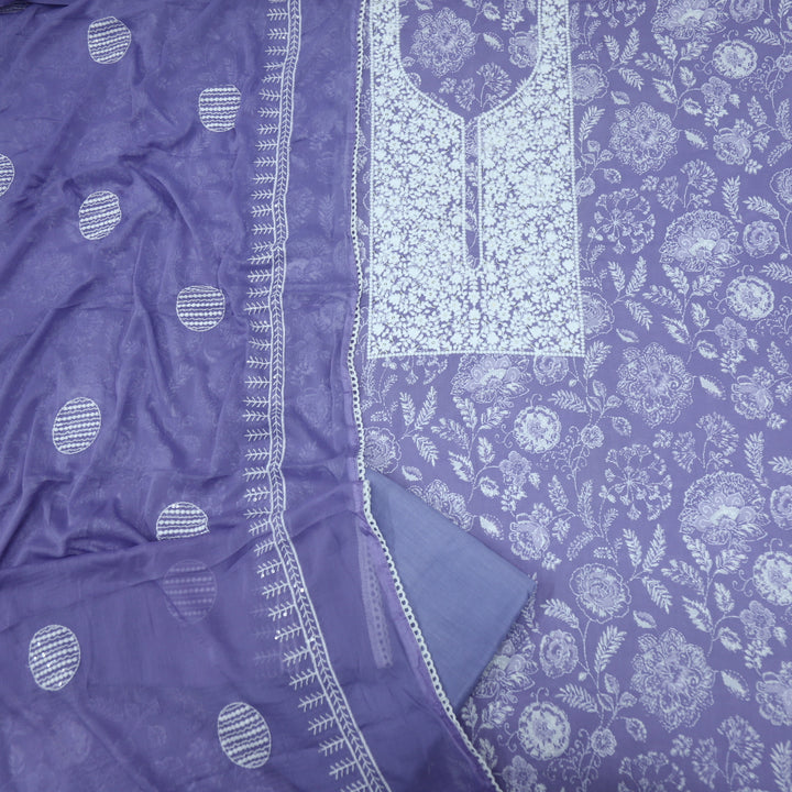 Baseerat Lilac Purple Thread Work Cotton Top with Chiffon Dupatta