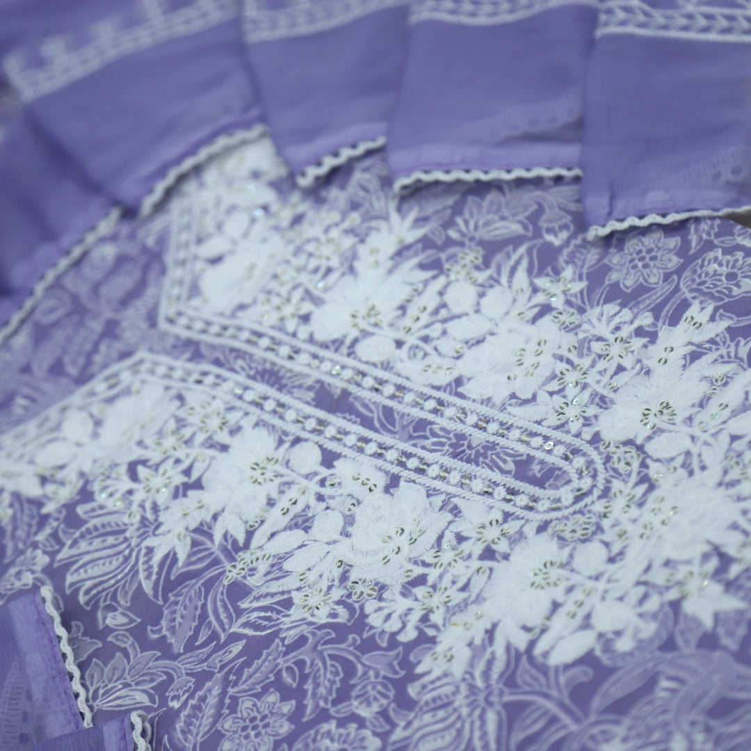 Baseerat Lilac Purple Thread Work Cotton Top with Chiffon Dupatta-D2