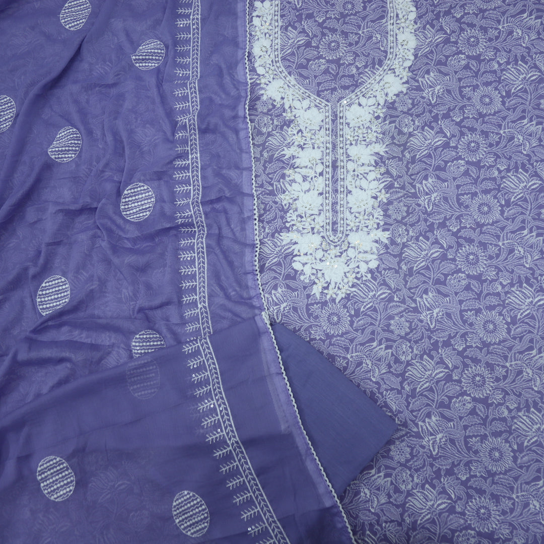 Baseerat Lilac Purple Thread Work Cotton Top with Chiffon Dupatta-D2