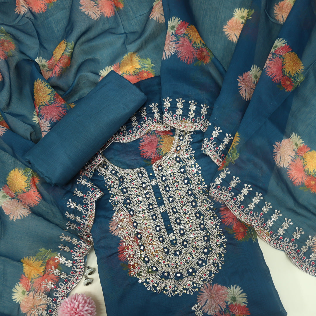 Aatish Peacock Blue Printed Chanderi Top With Printed Chanderi  Dupatta