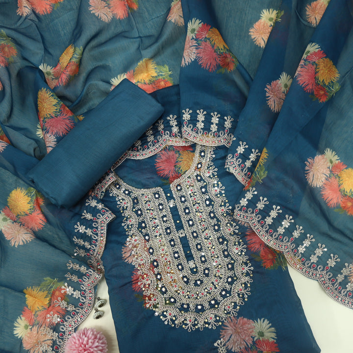Aatish Peacock Blue Printed Chanderi Top With Printed Chanderi  Dupatta