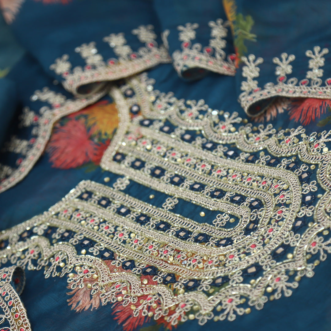 Aatish Peacock Blue Printed Chanderi Top With Printed Chanderi  Dupatta