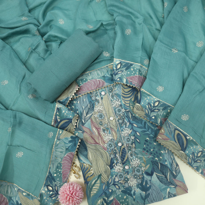 Manzeel Sapphire Blue Printed Muslin Top With Cotton Silk Dupatta