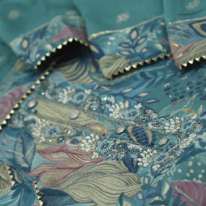Manzeel Sapphire Blue Printed Muslin Top With Cotton Silk Dupatta