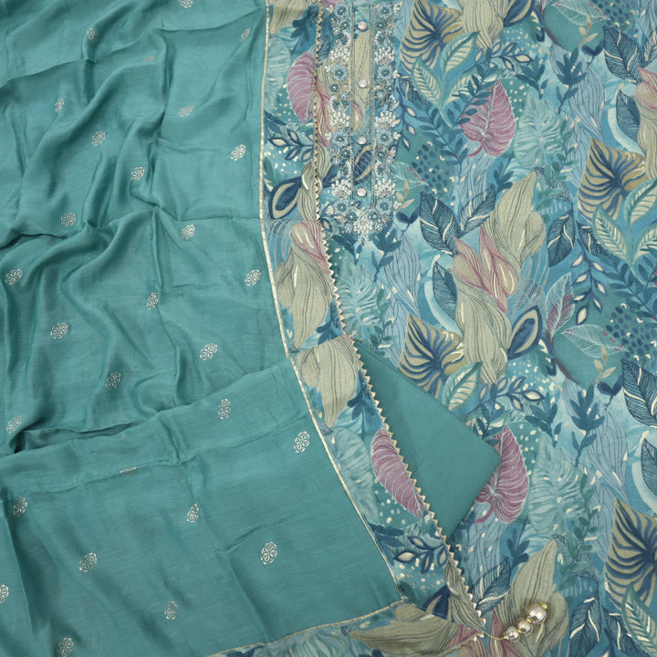 Manzeel Sapphire Blue Printed Muslin Top With Cotton Silk Dupatta