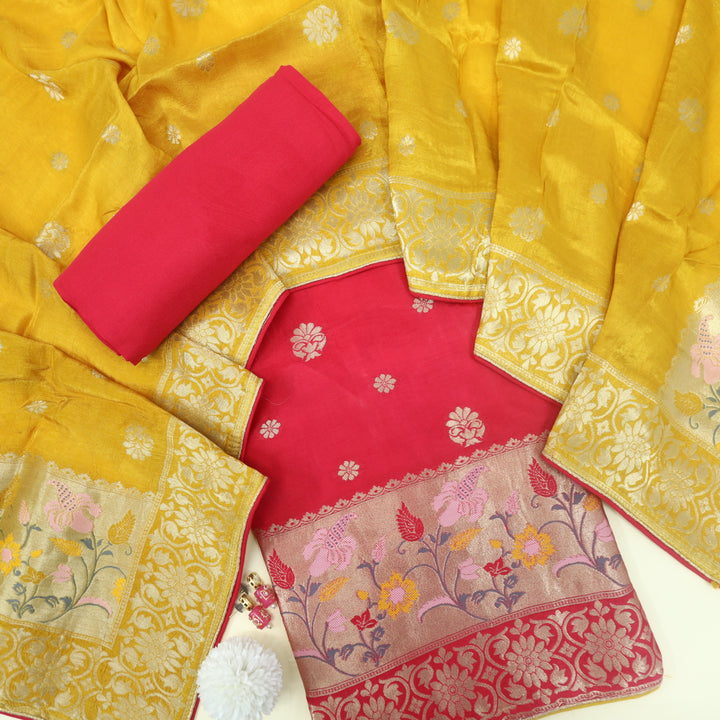 Darmiyan Fery Rose Pink Dola Silk Top with Yellow Dola Silk Dupatta