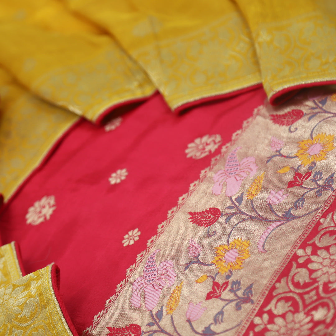 Darmiyan Fery Rose Pink Dola Silk Top with Yellow Dola Silk Dupatta